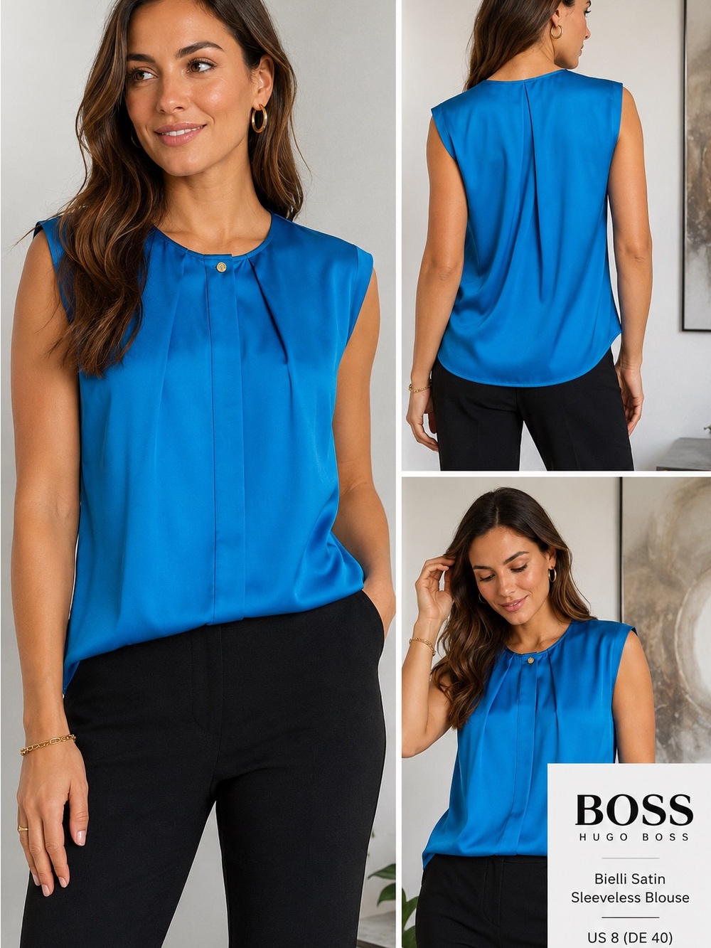 NWT BOSS Hugo Boss Bielli Satin Sleeveless Blouse Blue US 8 DE 40